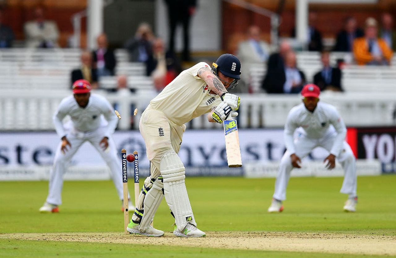Ben Stokes was bowled by Shannon Gabriel for 60, two balls after a no-ball dismissal, England v West Indies, 3rd Investec Test, Lord's, 2nd day, September 8, 2017