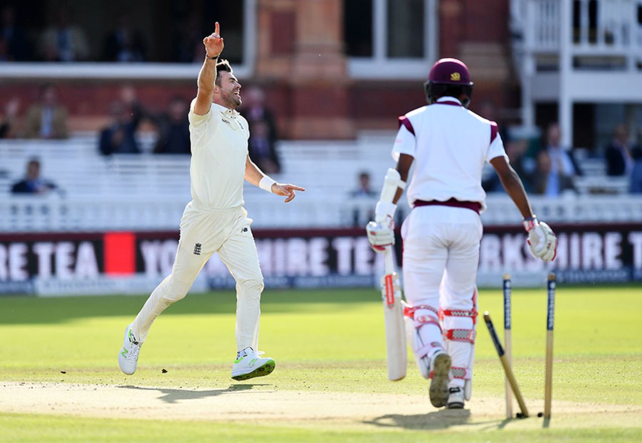 No. 500: James Anderson castled Kraigg Brathwaite to reach the milestone, England v West Indies, 3rd Investec Test, Lord's, 2nd day, September 8, 2017 