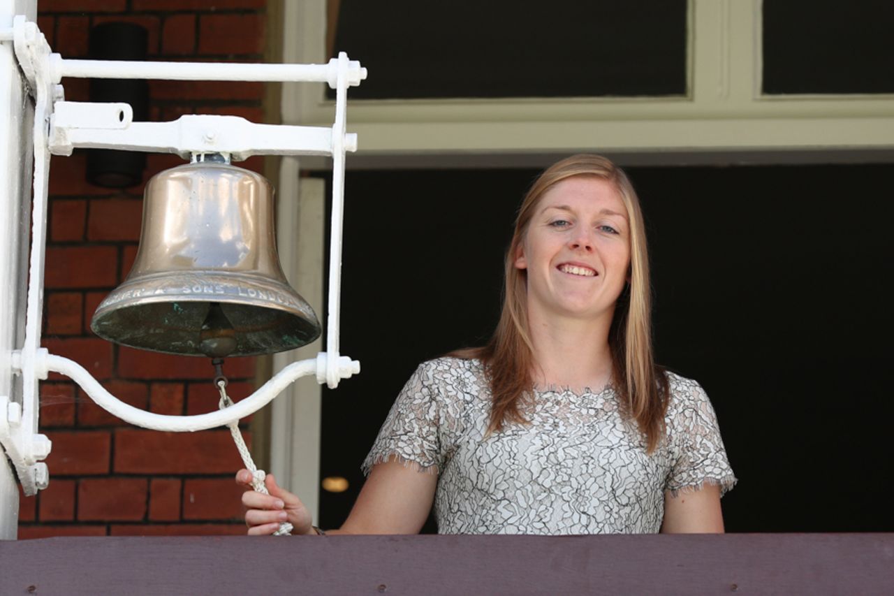 England women's captain, Heather Knight, rings the five-minute bell at Lord's, England v West Indies, 3rd Investec Test, Lord's, 3rd day, September 9, 2017 