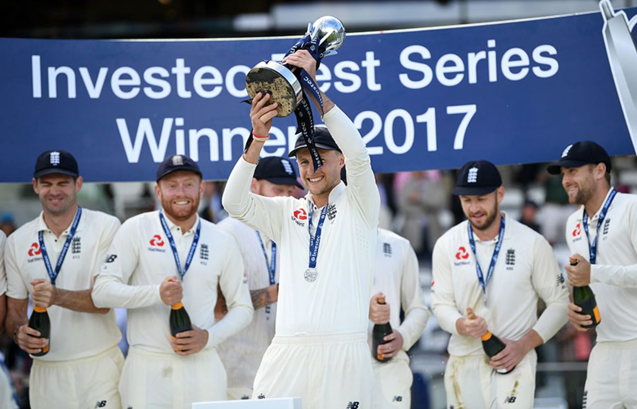 Champagne corks ready to be popped as Joe Root lifts the trophy, England v West Indies, 3rd Investec Test, Lord's, 3rd day, September 9, 2017 