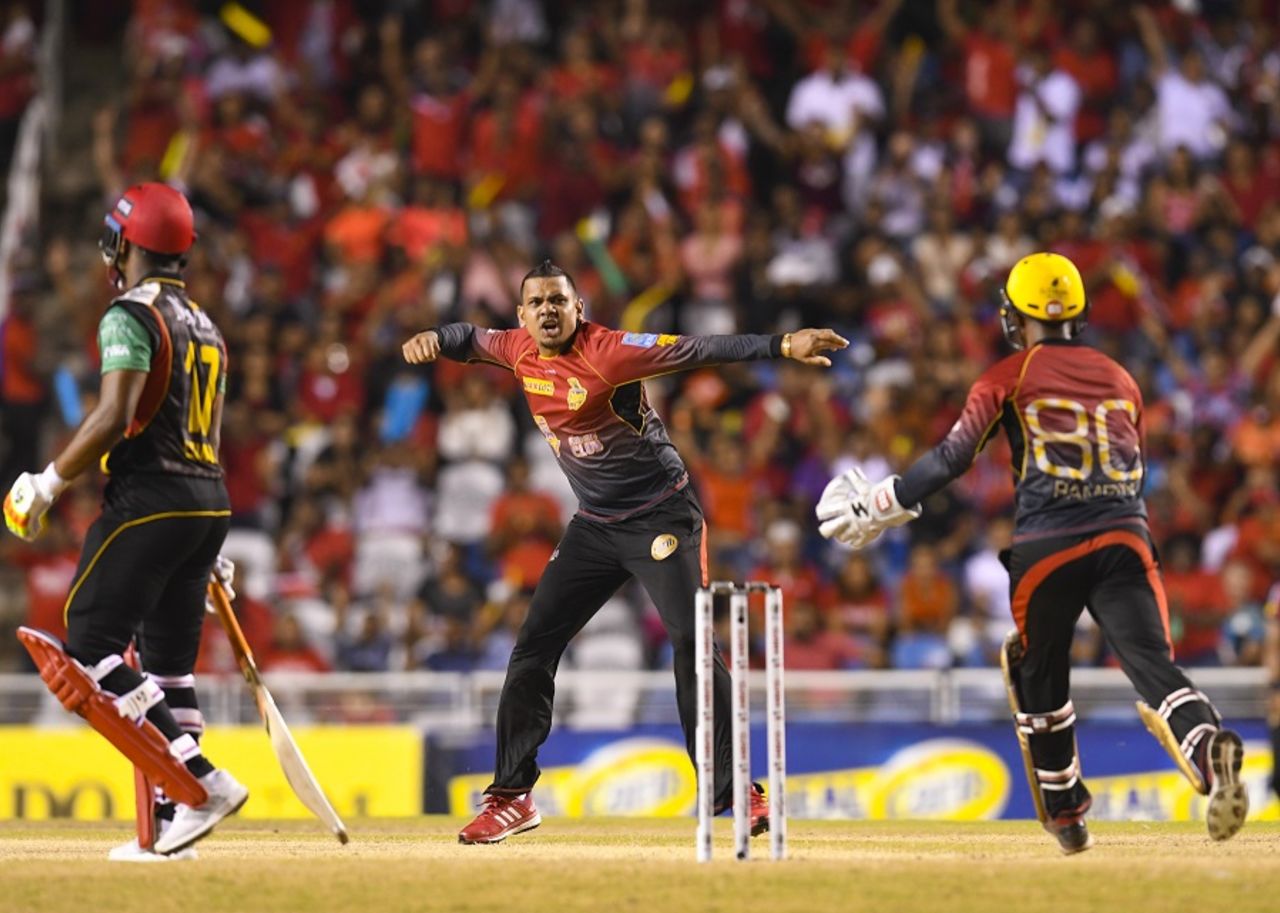 Sunil Narine celebrates after pinning Evin Lewis lbw, Trinbago Knight Riders v St Kitts and Nevis Patriots, CPL 2017, final, Tarouba, September 9, 2017
