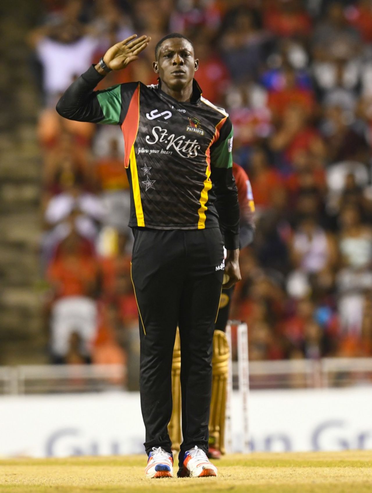 Sheldon Cottrell brings out his trademark salute, Trinbago Knight Riders v St Kitts and Nevis Patriots, CPL 2017, final, Tarouba, September 9, 2017