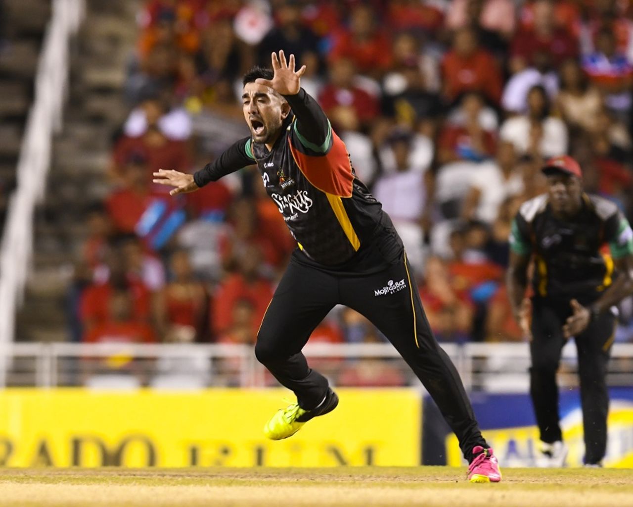 Tabraiz Shamsi wheels away after taking a wicket, Trinbago Knight Riders v St Kitts and Nevis Patriots, CPL 2017, final, Tarouba, September 9, 2017