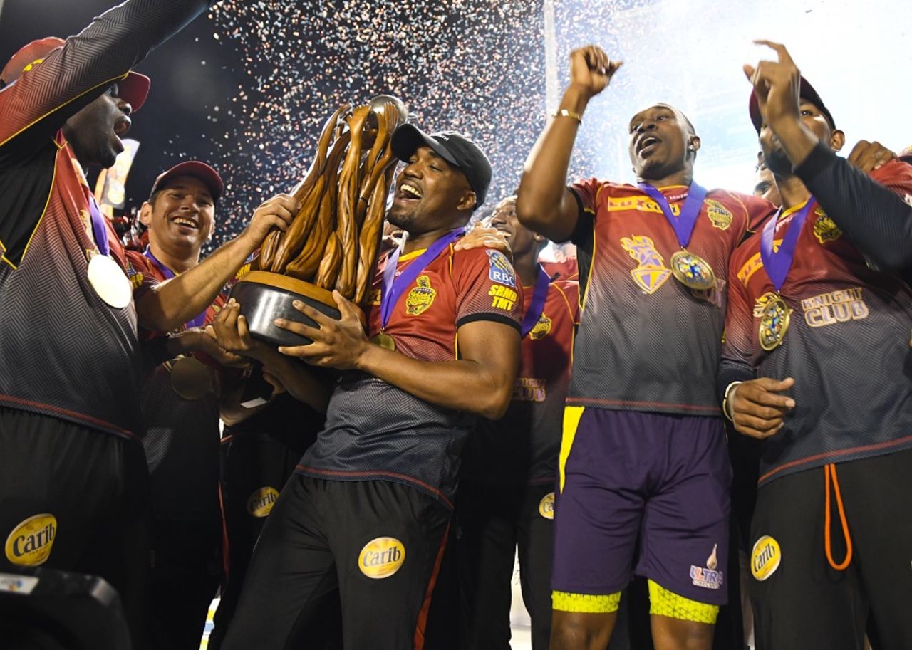 Trinbago Knight Riders players celebrate with the CPL trophy, Trinbago Knight Riders v St Kitts and Nevis Patriots, CPL 2017, final, Tarouba, September 9, 2017