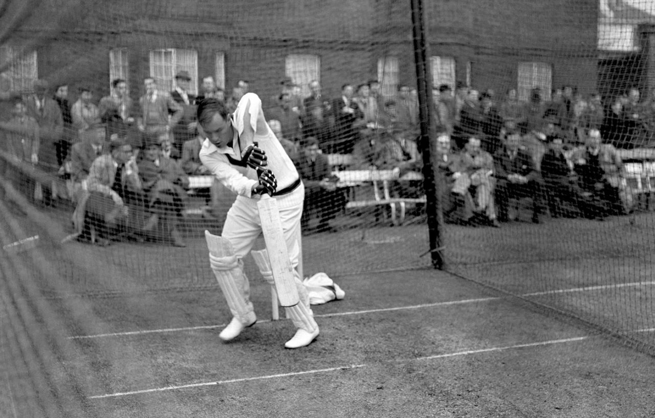 Ron Archer plays a defensive shot in the nets during the Australia tour of England, 1956