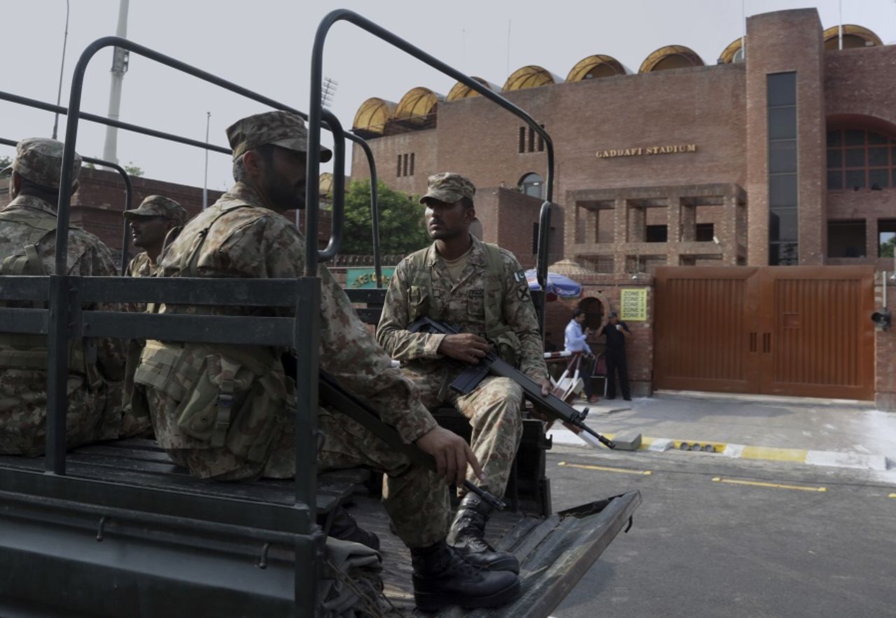 Pakistan's military troops guard the Gaddafi Stadium, Lahore, September 11, 2017