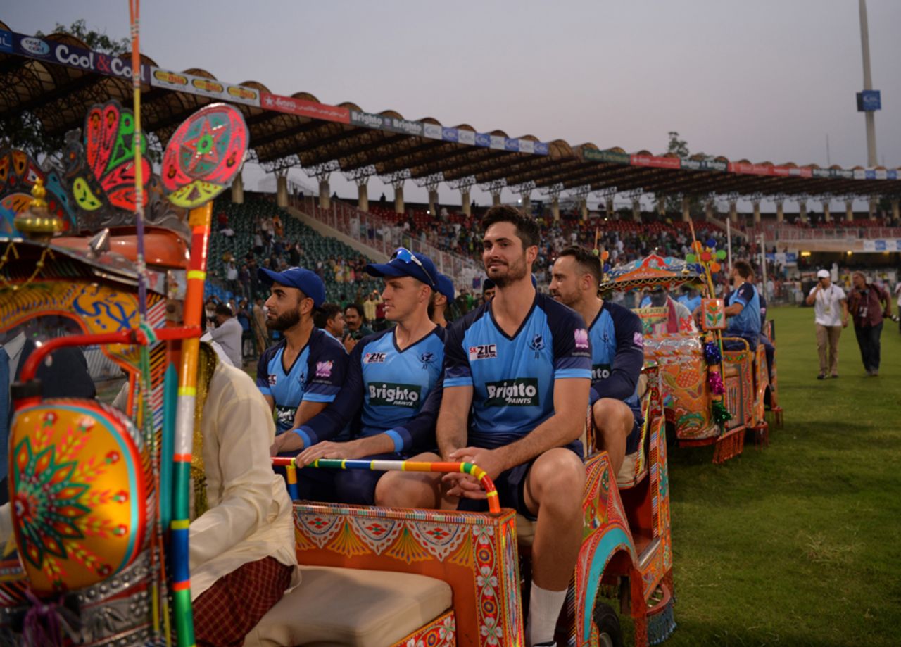 The World XI team players were paraded around the ground in colourful auto-rickshaws, Pakistan v World XI, 1st T20I, Independence Cup 2017, Lahore, September 12, 2017