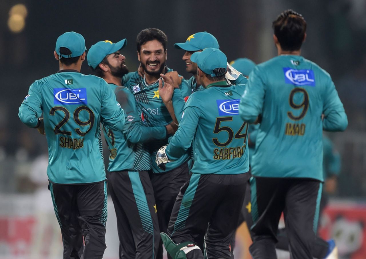 Rumman Raees is mobbed by his team-mates after he sent both the openers back in the same over, Pakistan v World XI, 1st T20I, Independence Cup 2017, Lahore, September 12, 2017