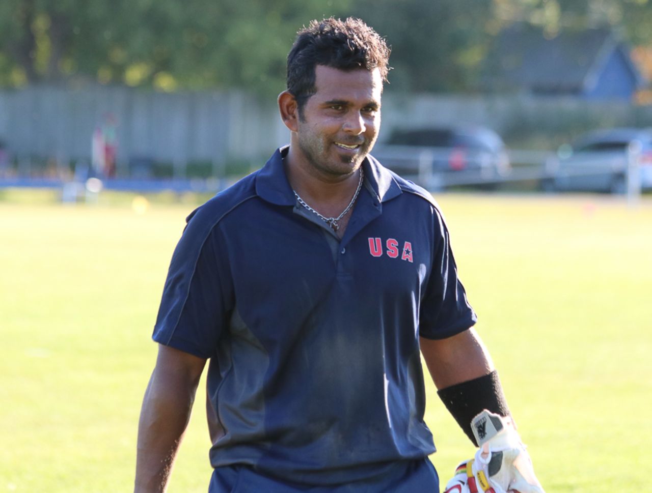 Roy Silva walks off victorious after an unbeaten 38 off 36 balls, Canada v USA, Auty Cup, King City, September 12, 2017