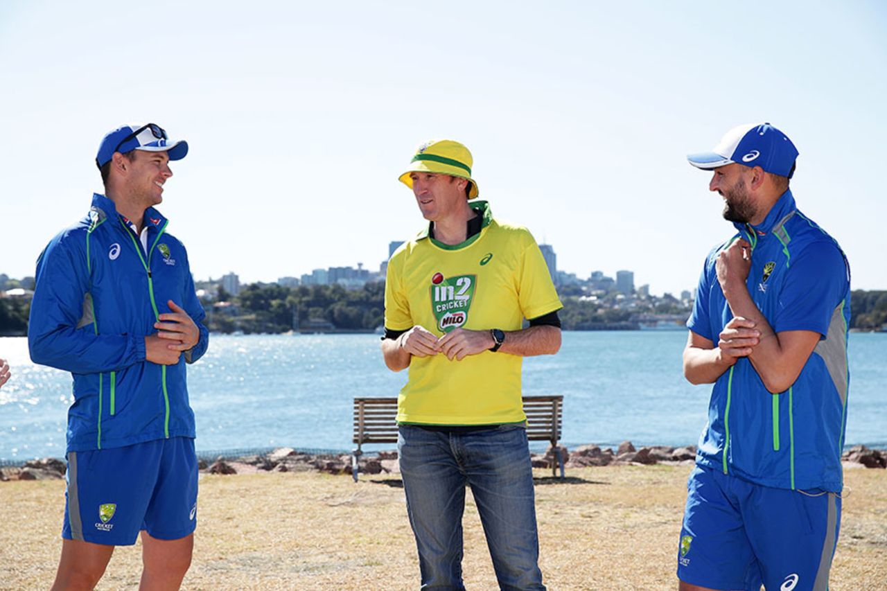 James Sutherland chats with Josh Hazlewood and Nathan Lyon during the Milo Cricket Australia shoot, Sydney, September 15, 2017