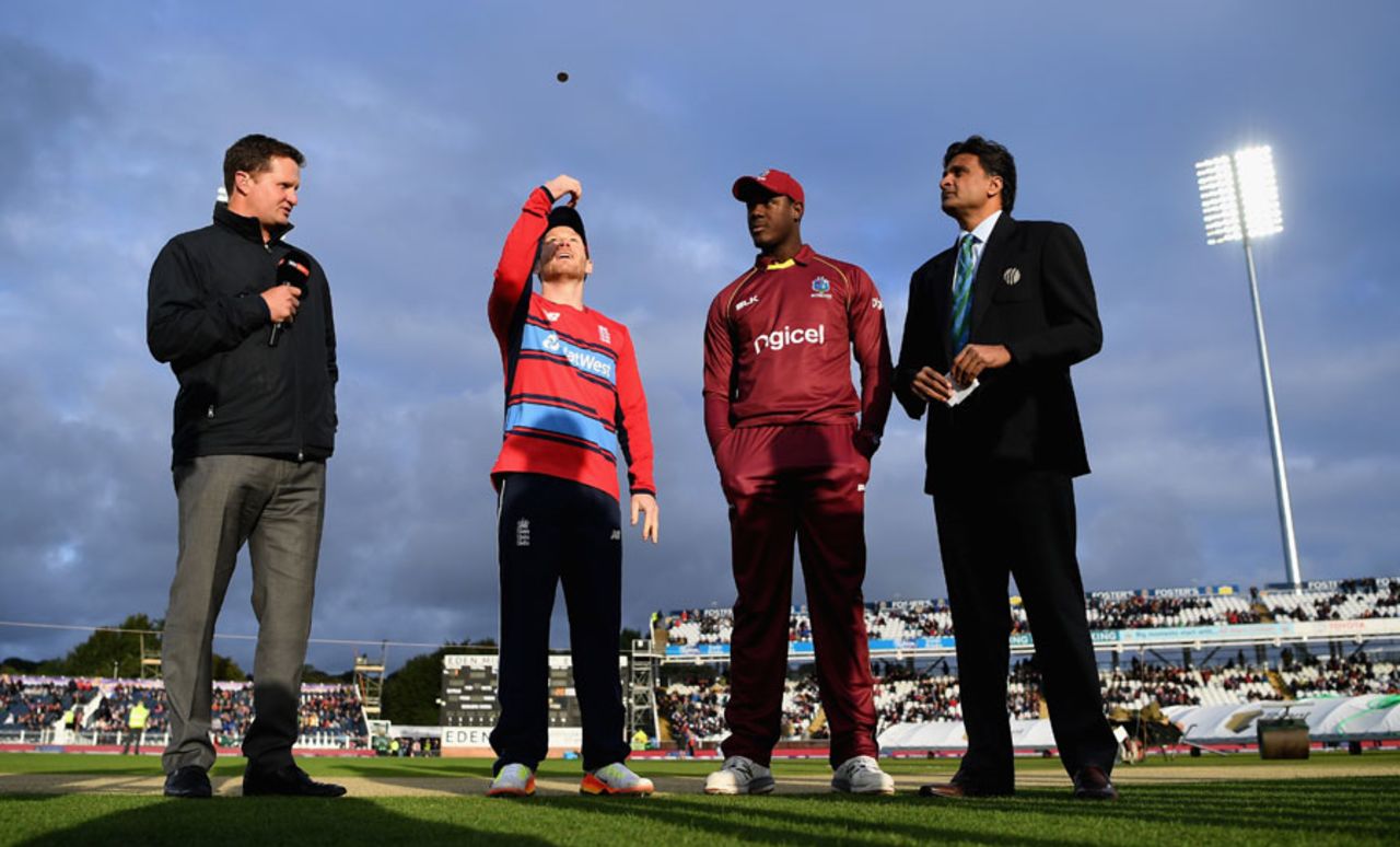Eoin Morgan tosses the coin as Carlos Brathwaite prepares to call, England v West Indies, only T20I, Chester-le-Street, September 16, 2017