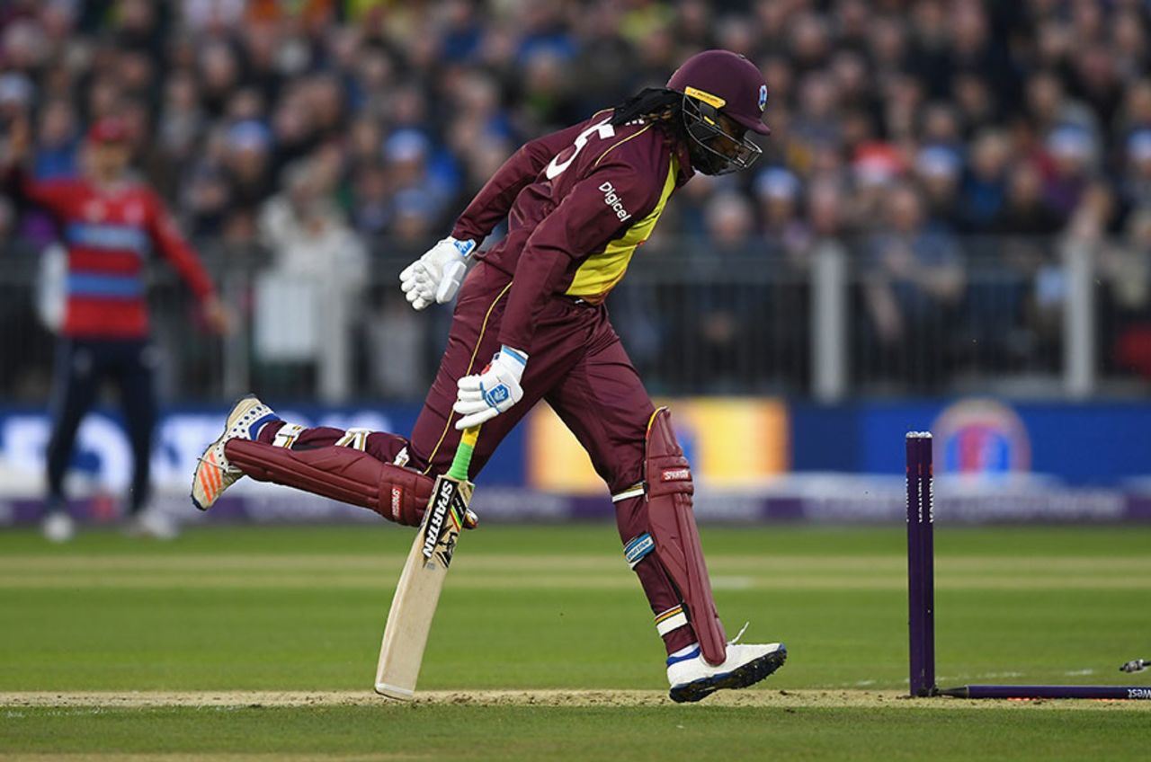 Chris Gayle's onslaught was ended when he was run out, England v West Indies, only T20I, Chester-le-Street, September 16, 2017