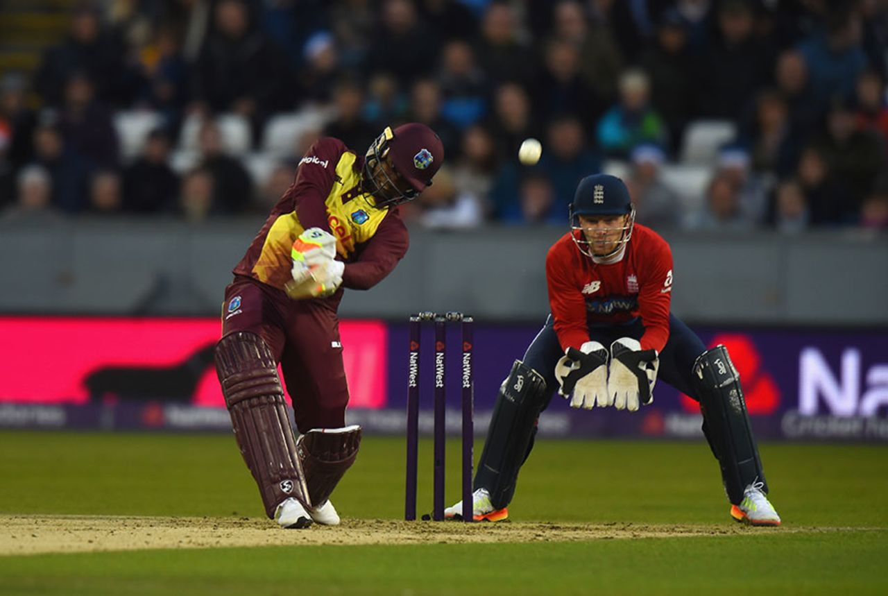Evin Lewis goes over the off side, England v West Indies, only T20I, Chester-le-Street, September 16, 2017