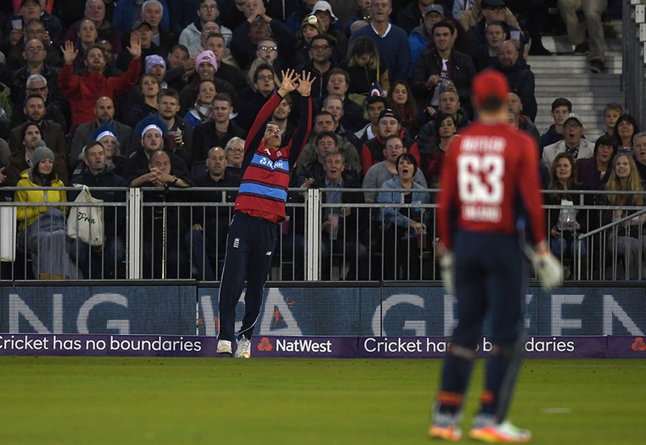 Tom Curran gets underneath a catch at fine leg, England v West Indies, only T20I, Chester-le-Street, September 16, 2017