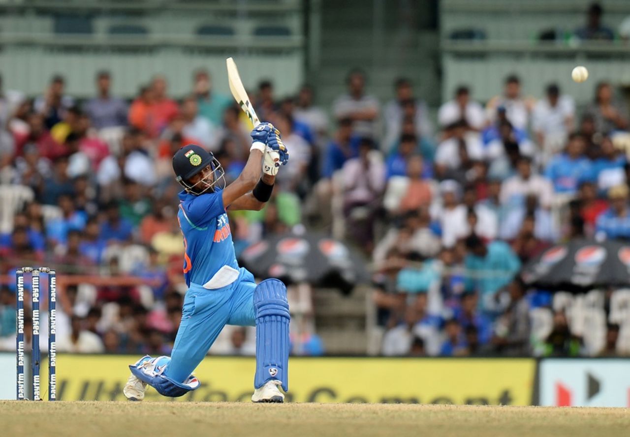 Hardik Pandya thumps one down the ground, India v Australia, 1st ODI, Chennai, September 17, 2017