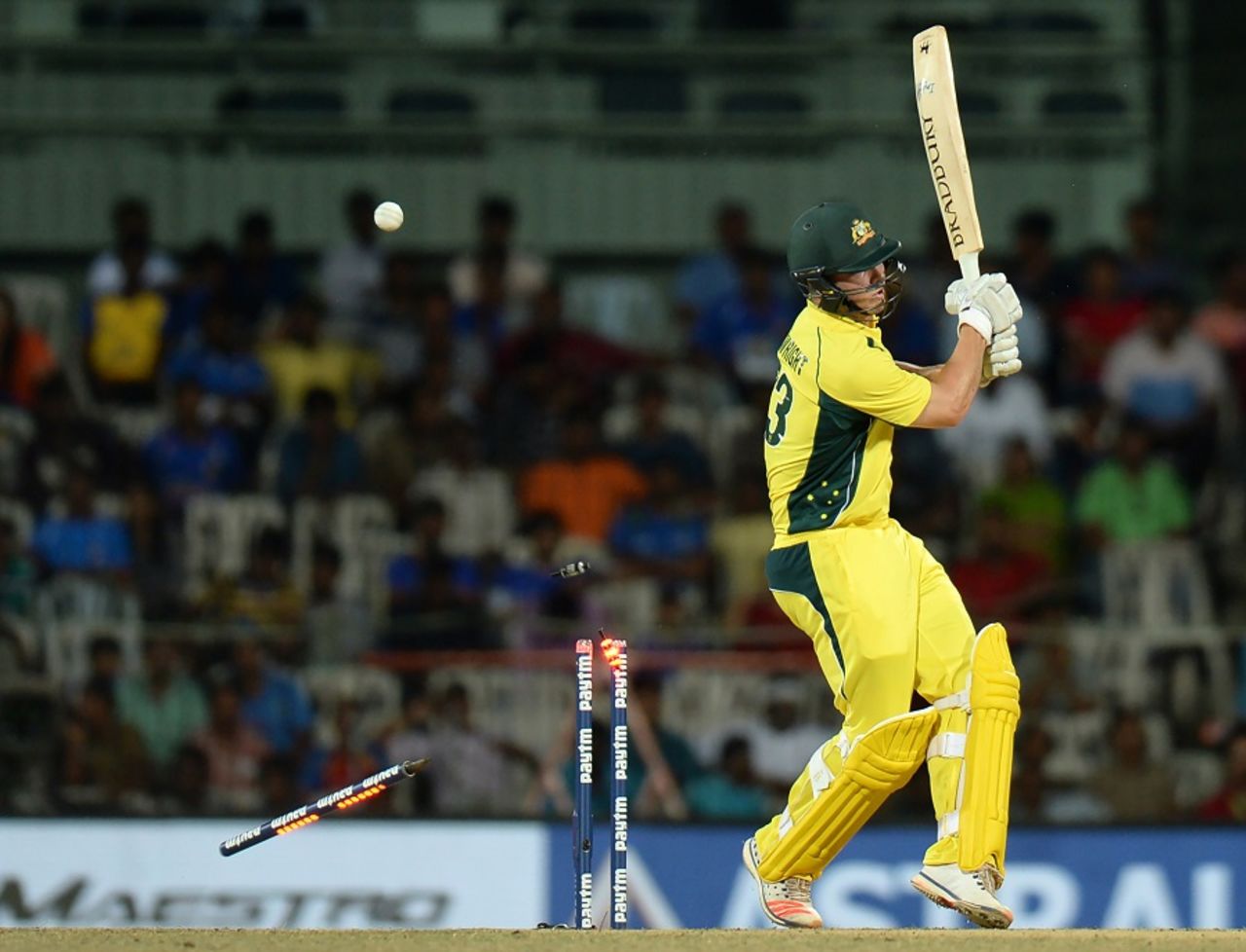 Hilton Cartwright is bowled by Jasprit Bumrah, India v Australia, 1st ODI, Chennai, September 17, 2017