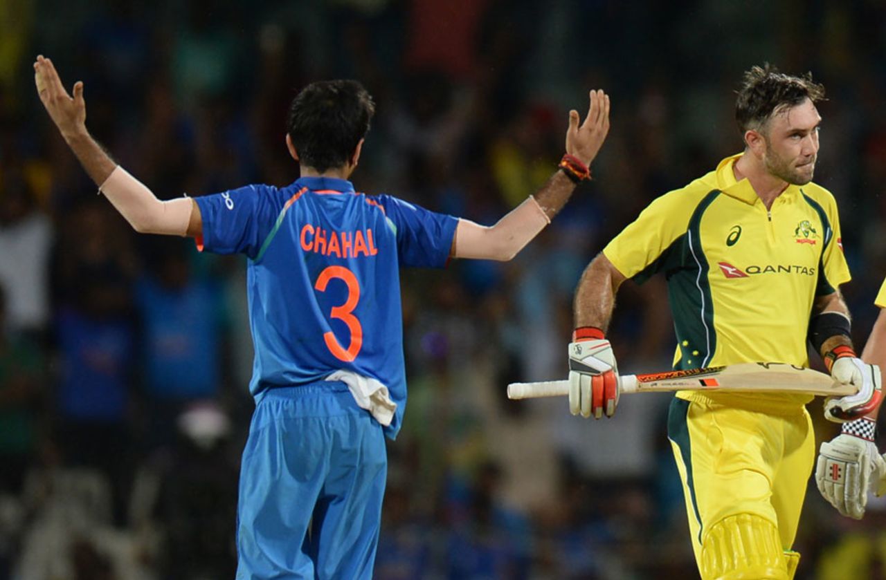 Yuzvendra Chahal gesticulates after dismissing Glenn Maxwell, India v Australia, 1st ODI, Chennai, September 17, 2017