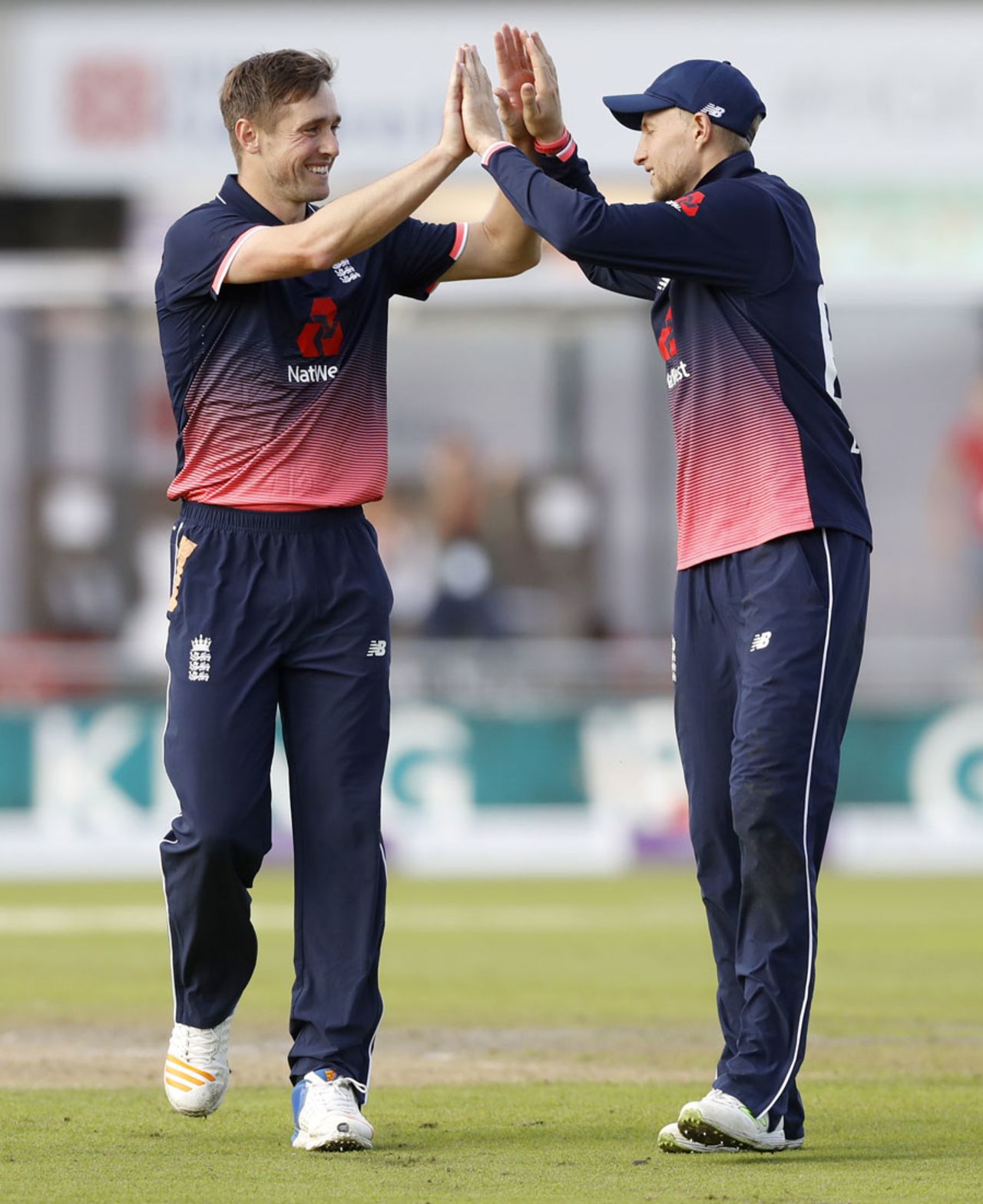 Chris Woakes gets a high five from Joe Root, England v West Indies, 1st ODI, Old Trafford, September 19, 2017