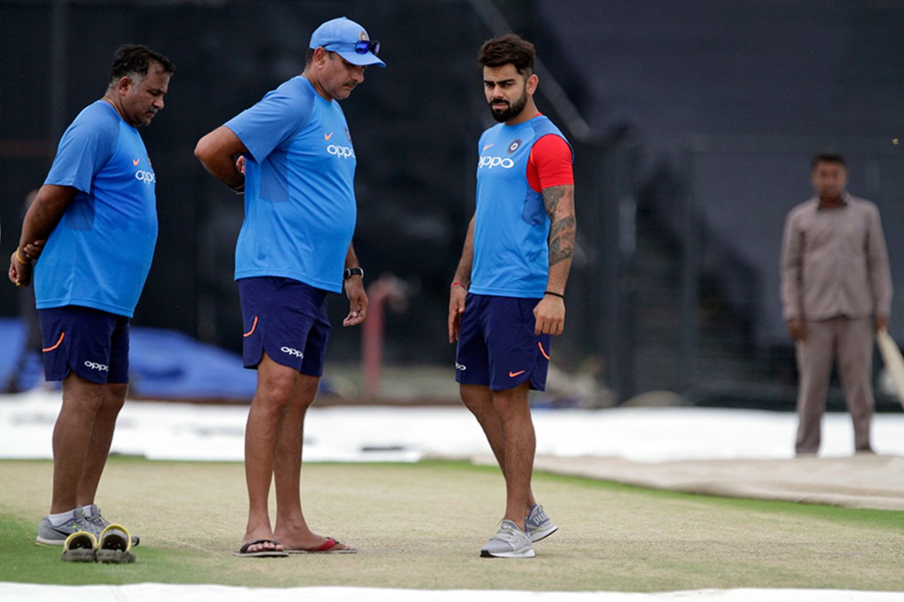 Virat Kohli and Ravi Shastri inspect the pitch on the eve of the match, India v Australia, 2nd ODI, Kolkata, September 20, 2017