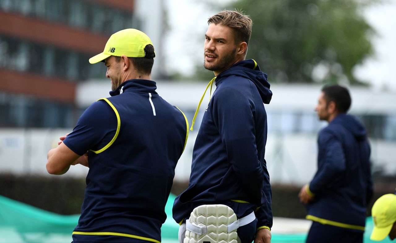 Aiden Markram (second from left) talks to Heino Kuhn at a training session ahead of the match, England v South Africa, 4th Investec Test, Old Trafford, August 2, 2017