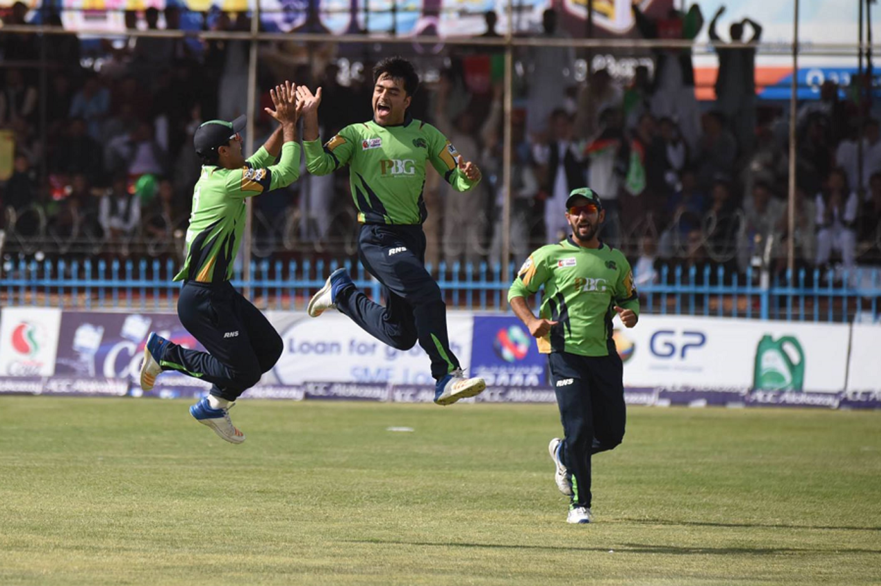Rashid Khan is jubilant after taking a wicket, Band-e-Amir Dragons v Mis Ainak Knights, final, Shpageeza Cricket League, Kabul, September 22, 2017