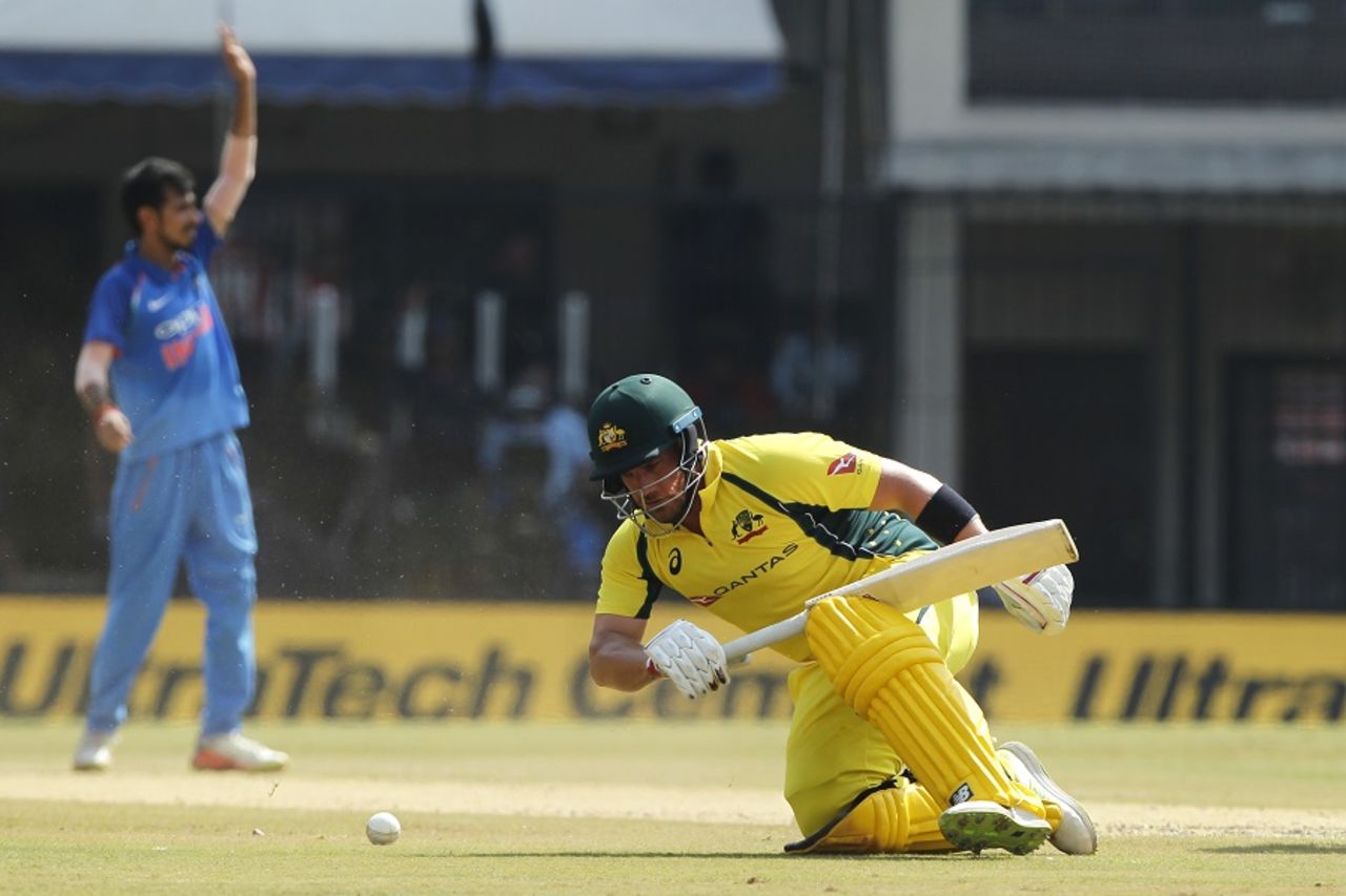 Aaron Finch survived a run out attempt early on, India v Australia, 3rd ODI, Indore