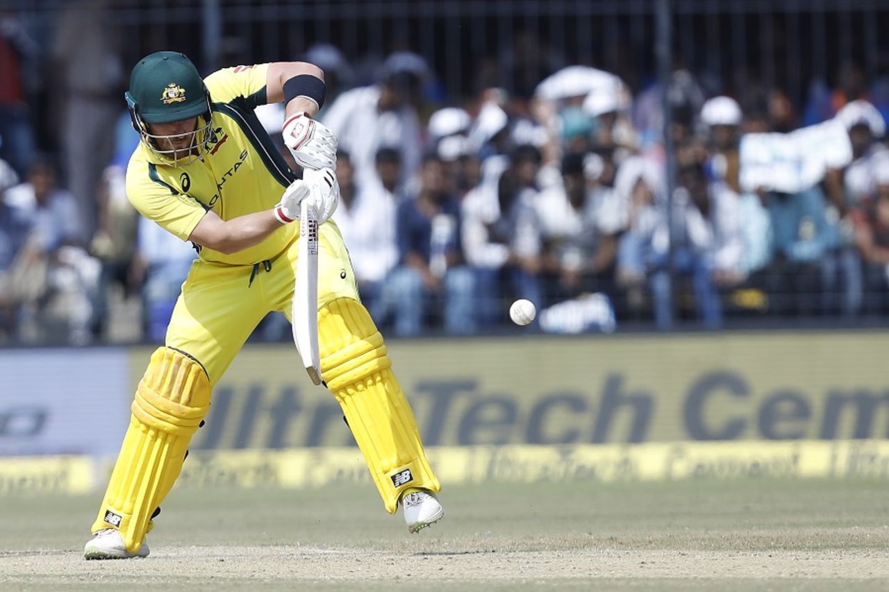 Aaron Finch opens up to play into the leg side, India v Australia, 3rd ODI, Indore