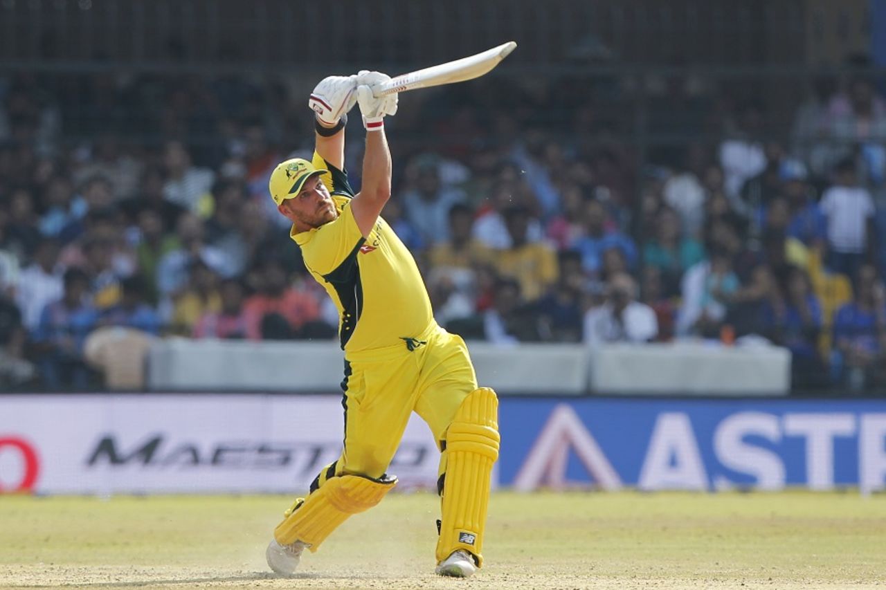 Aaron Finch launches a six down the ground, India v Australia, 3rd ODI, Indore