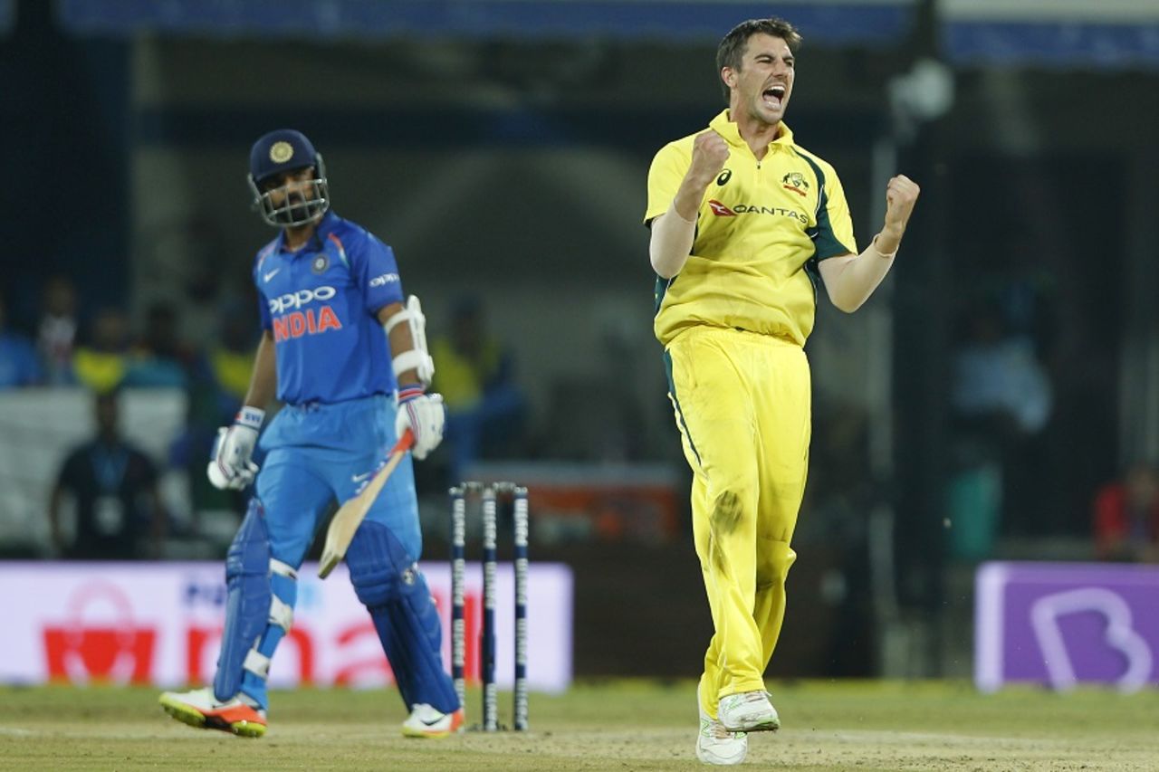 Pat Cummins roars after trapping Ajinkya Rahane in front, India v Australia, 3rd ODI, Indore