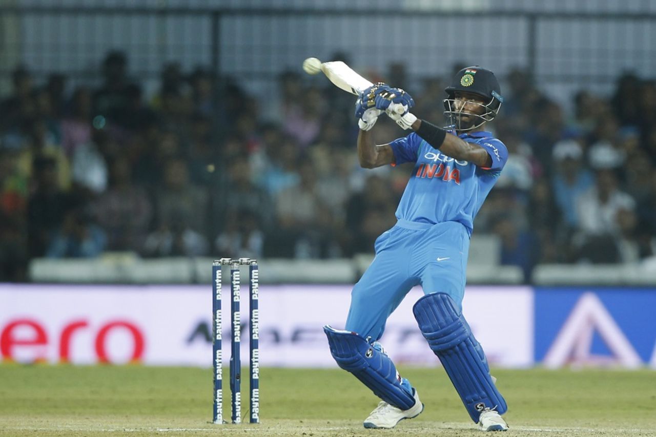 Hardik Pandya looks to ramp one to third man, India v Australia, 3rd ODI, Indore