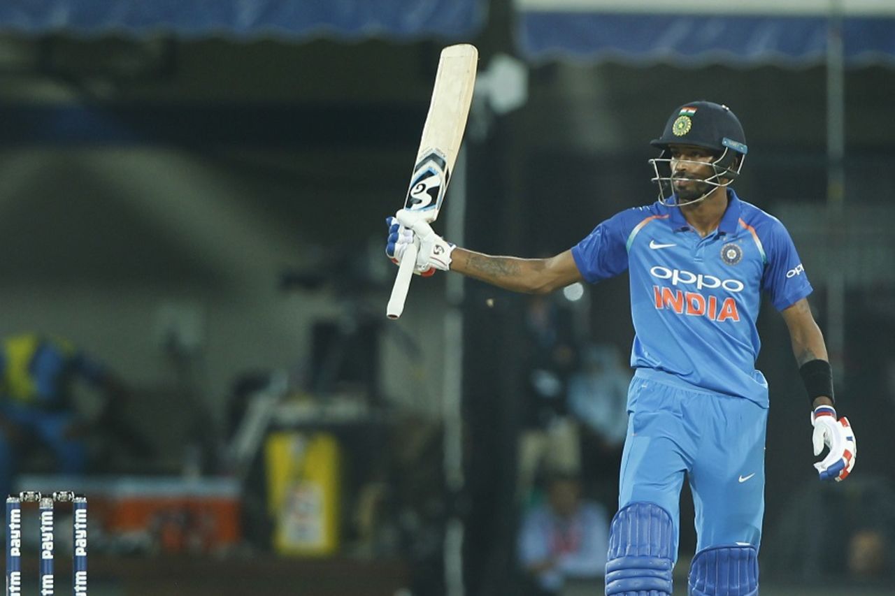 Hardik Pandya acknowledges his fourth ODI fifty, India v Australia, 3rd ODI, Indore