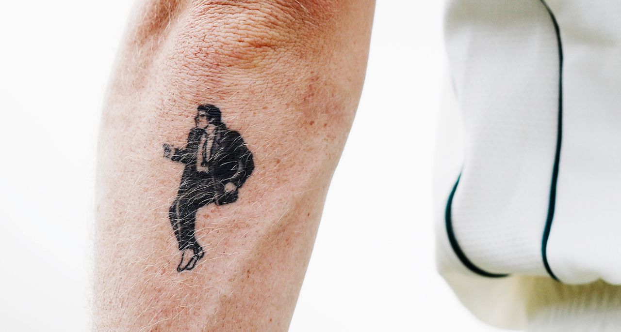 Adam Zampa has a tattoo of John Travolta from <i>Pulp Fiction</i> on his arm, Darwin, August 16, 2017