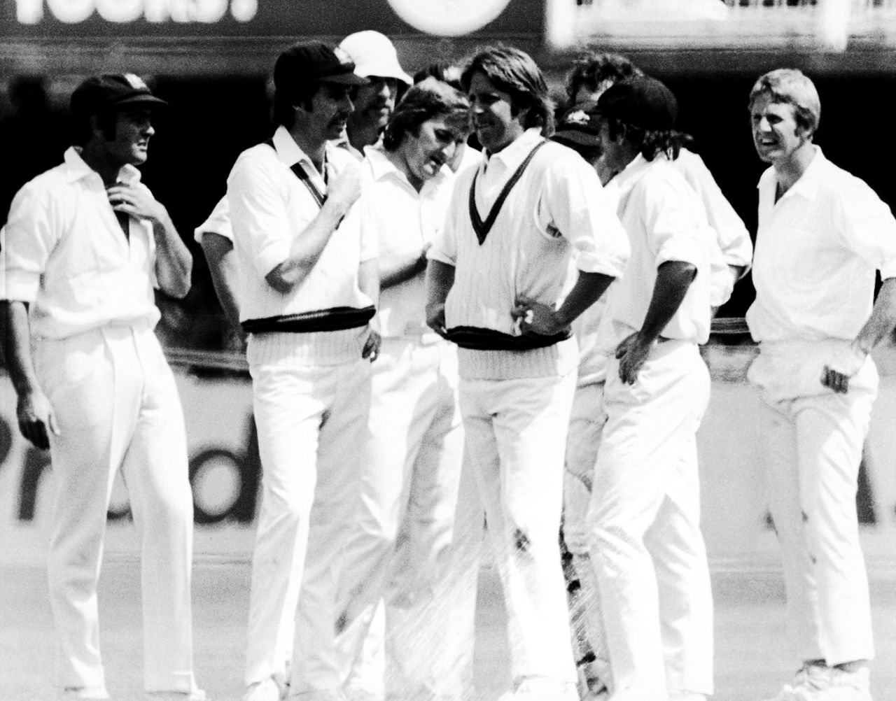 Jeff Thomson, Greg Chappell and other Australian players surround Gary Gilmour after a wicket, Australia v West Indies, World Cup final, Lord's, June 21, 1975