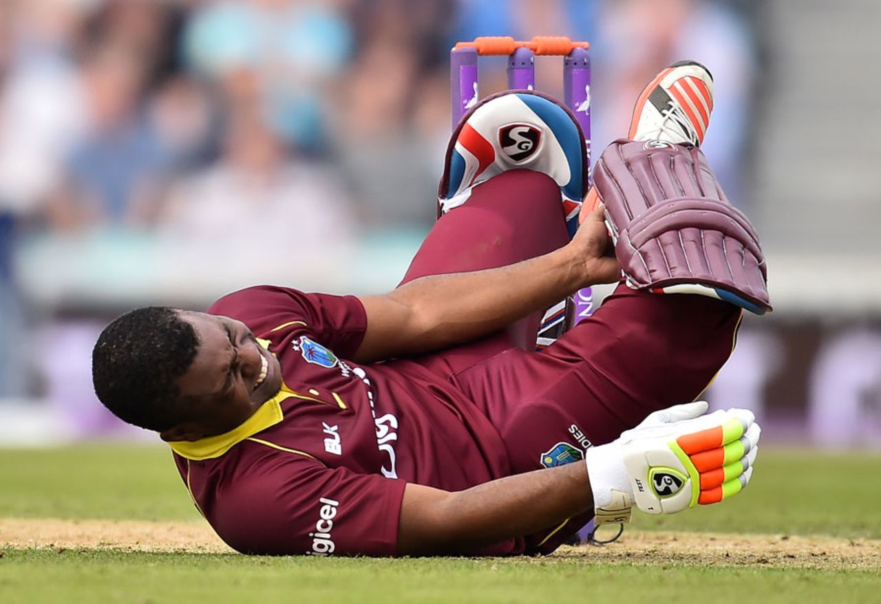 Evin Lewis was left in pain by a delivery that hit him on the boot, England v West Indies, 4th ODI, The Oval, September 27, 2017