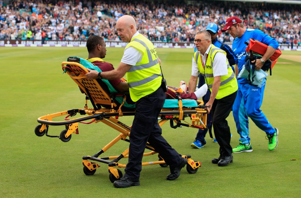 Evin Lewis had to be taken off on a stretcher, England v West Indies, 4th ODI, The Oval, September 27, 2017