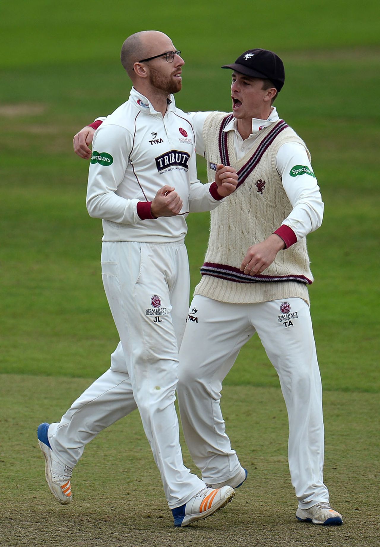 Jack Leach gets a hug from his captain, Tom Abell, Somerset v Middlesex, Specsavers Championship Division One, Taunton, September 27, 2017