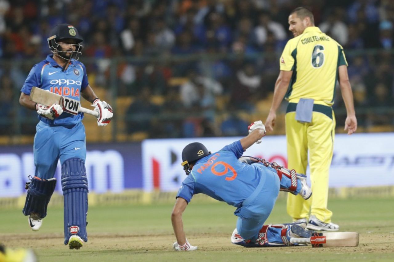 Manish Pandey falls over after completing a stroke, India v Australia, 4th ODI, Bengaluru, September 28, 2017
