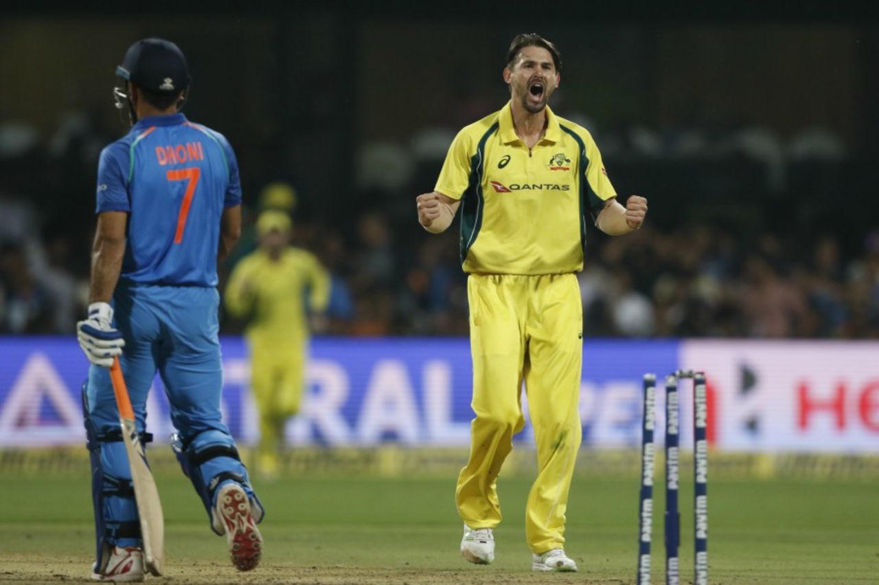 Kane Richardson celebrates the wicket of MS Dhoni, India v Australia, 4th ODI, Bengaluru, September 28, 2017