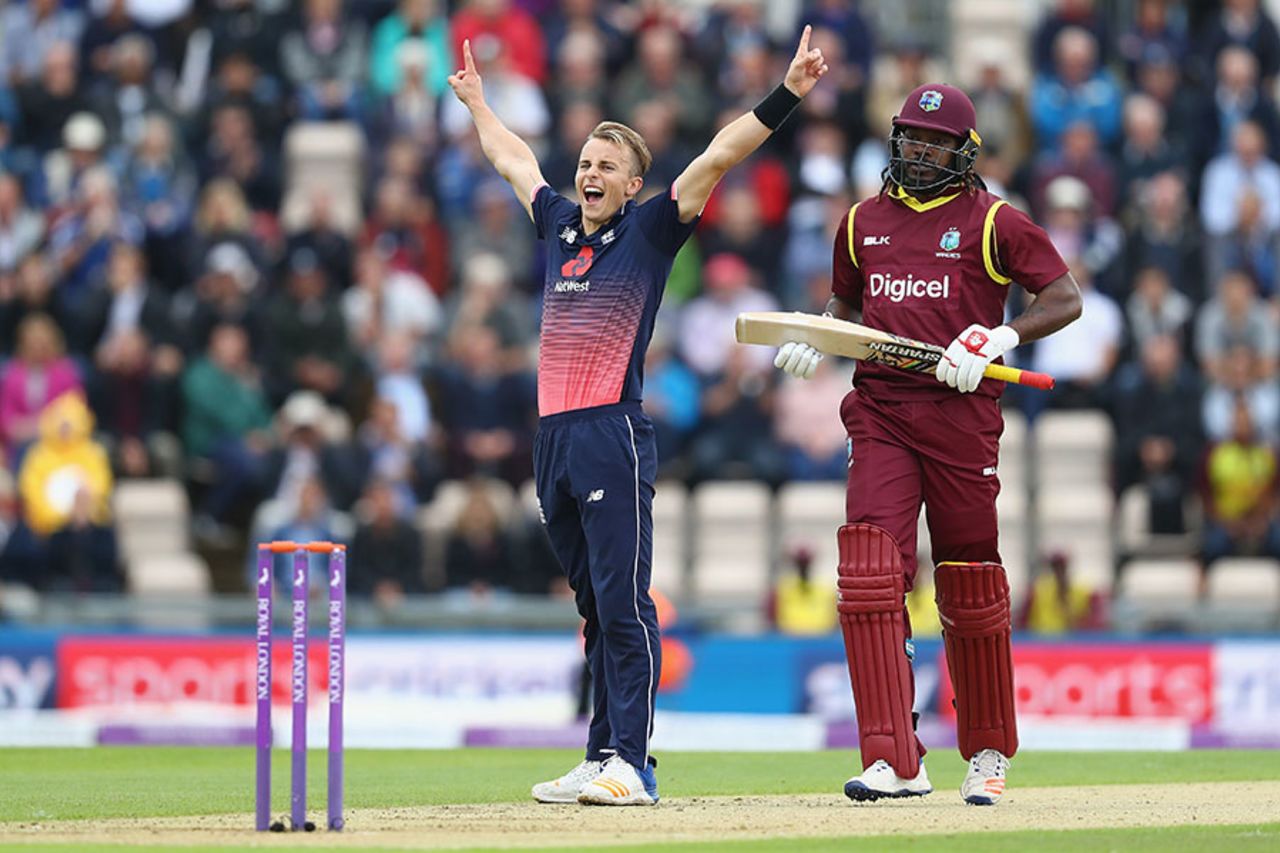 Tom Curran claimed Chris Gayle as his maiden ODI wicket, England v West Indies, 5th ODI, Ageas Bowl, September 29, 2017