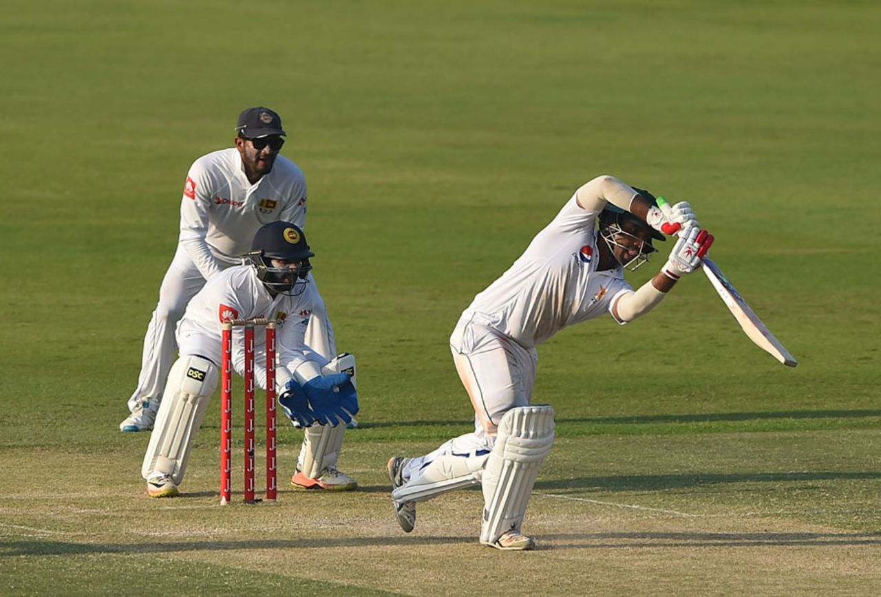 Sami Aslam gets down the pitch to drive, Pakistan v Sri Lanka, 1st Test, 2nd day, Abu Dhabi, 29 September, 2017