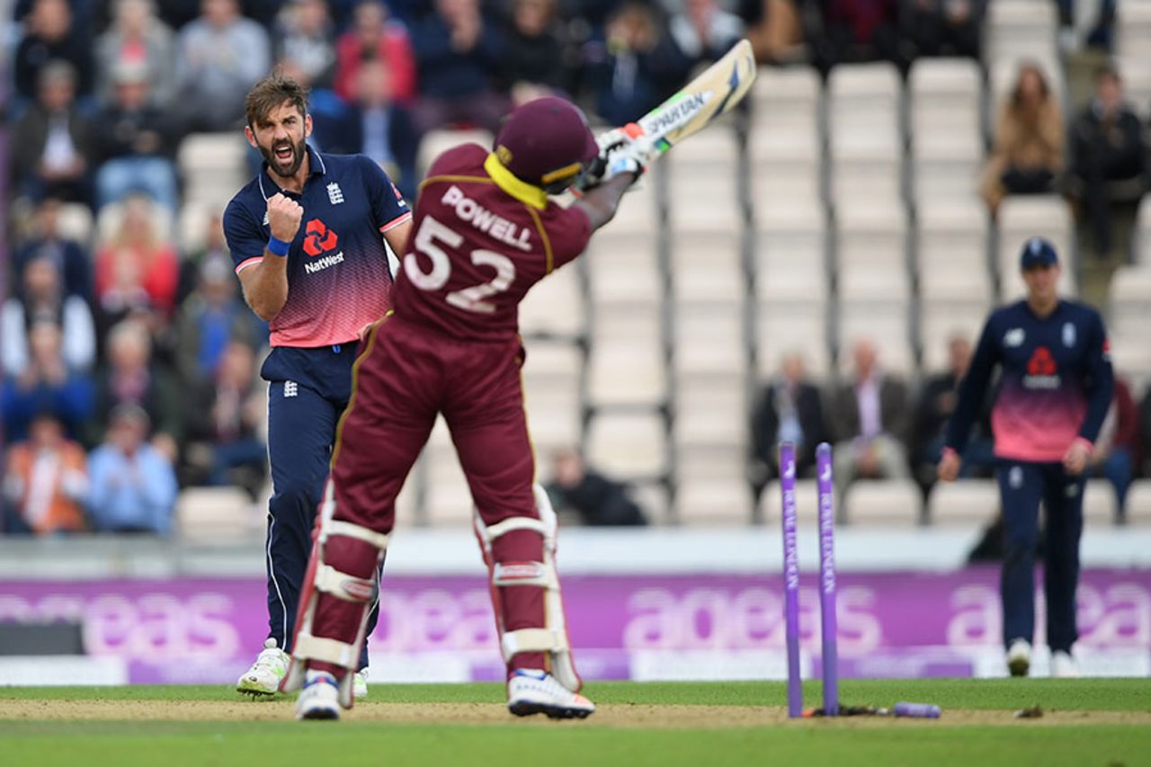 Rovman Powell was bowled by a full toss from Liam Plunkett, England v West Indies, 5th ODI, Ageas Bowl, September 29, 2017