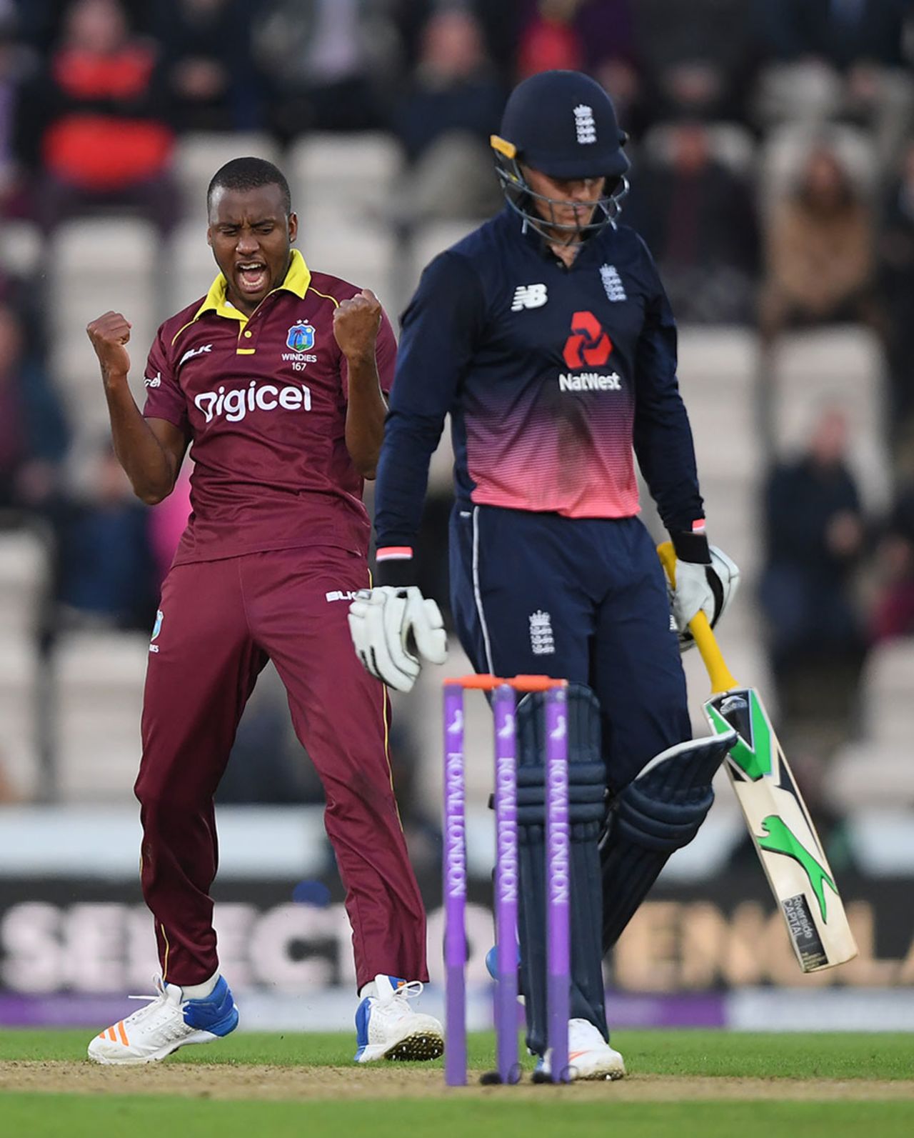 Miguel Cummins removed Jason Roy just short of a century, England v West Indies, 5th ODI, Ageas Bowl, September 29, 2017
