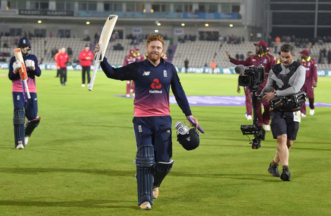 Jonny Bairstow leads England off after their nine-wicket win, England v West Indies, 5th ODI, Ageas Bowl, September 29, 2017