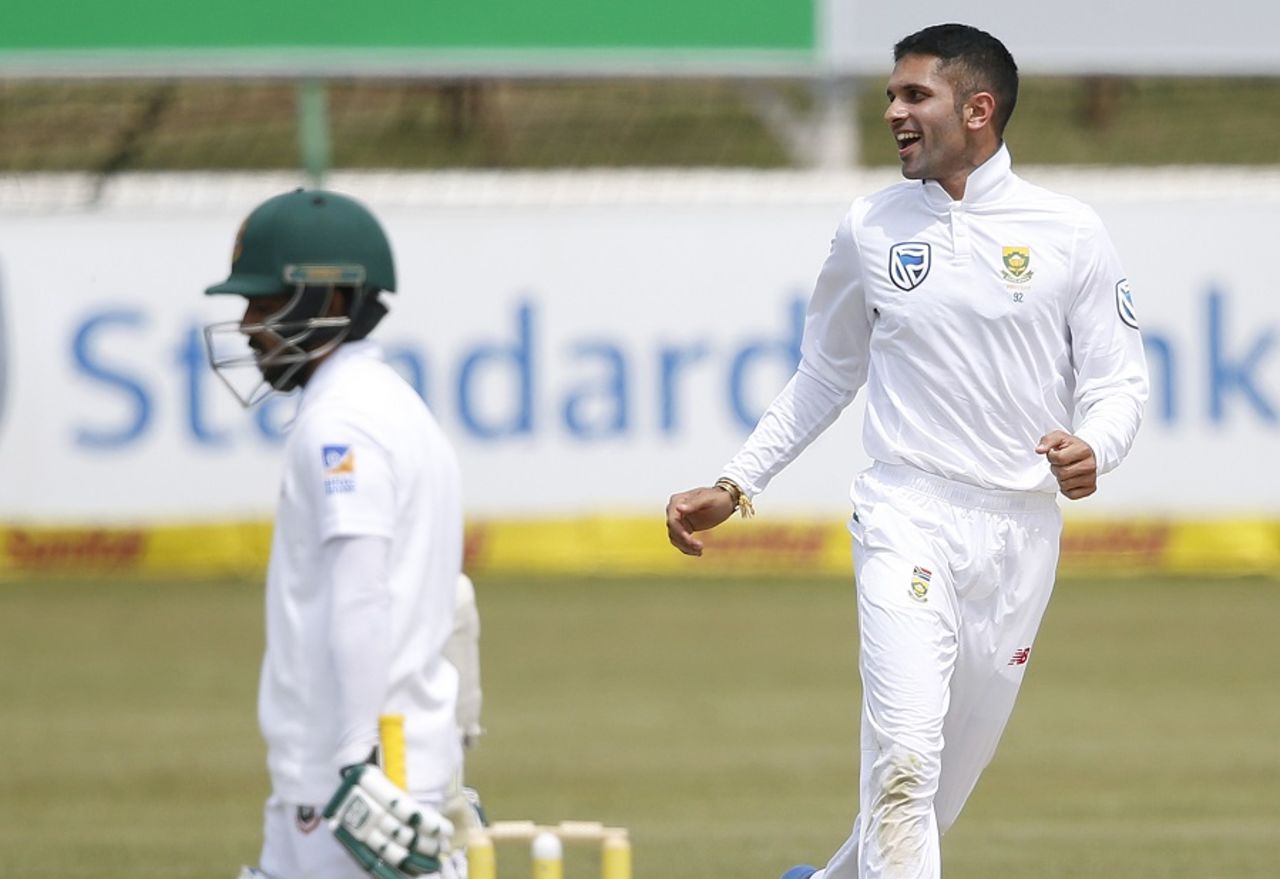 Keshav Maharaj wheels away after dismissing Mominul Haque, South Africa v Bangladesh, 1st Test, Potchefstroom, 3rd day, September 30, 2017