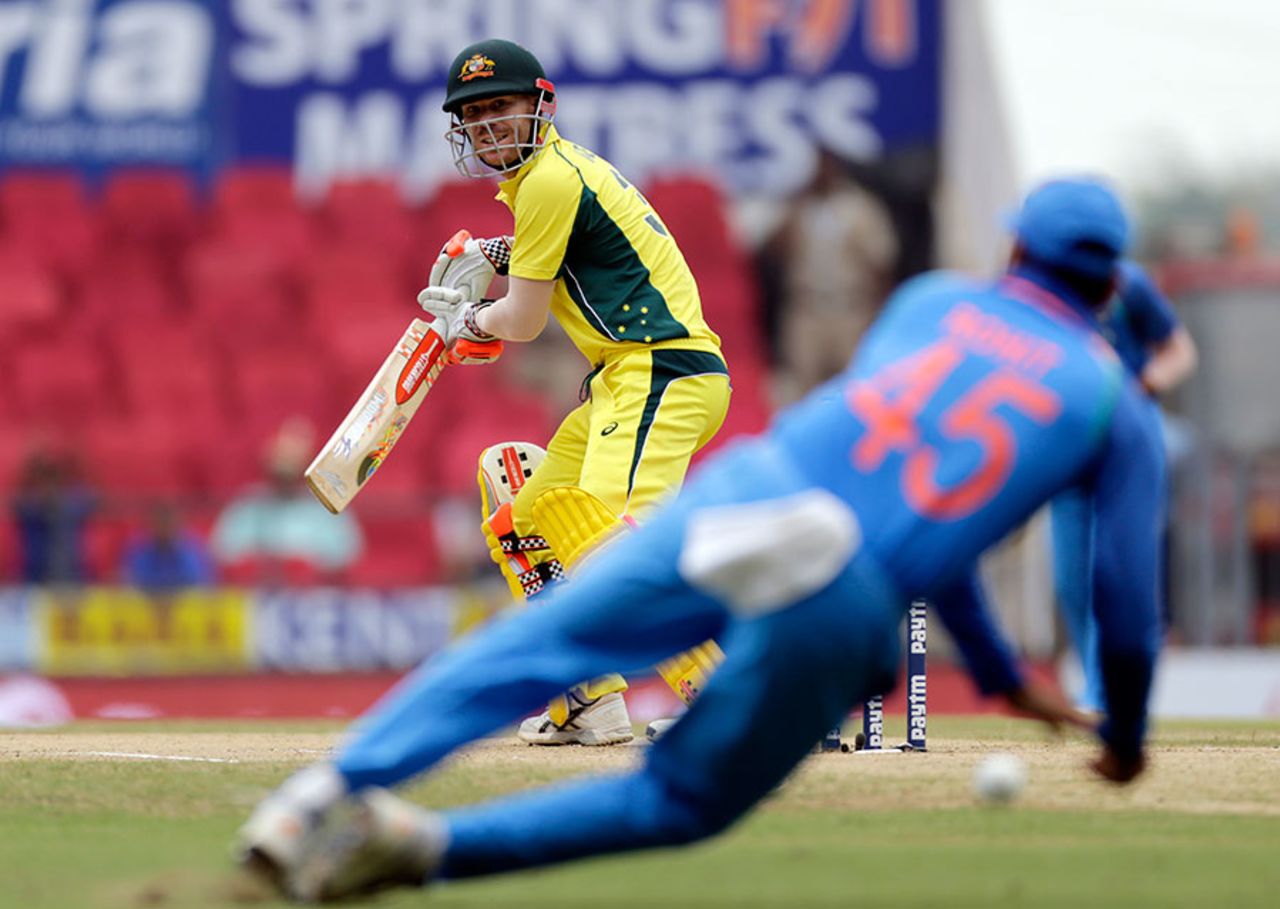 David Warner tucks one behind, India v Australia, 5th ODI, Nagpur, October 1, 2017