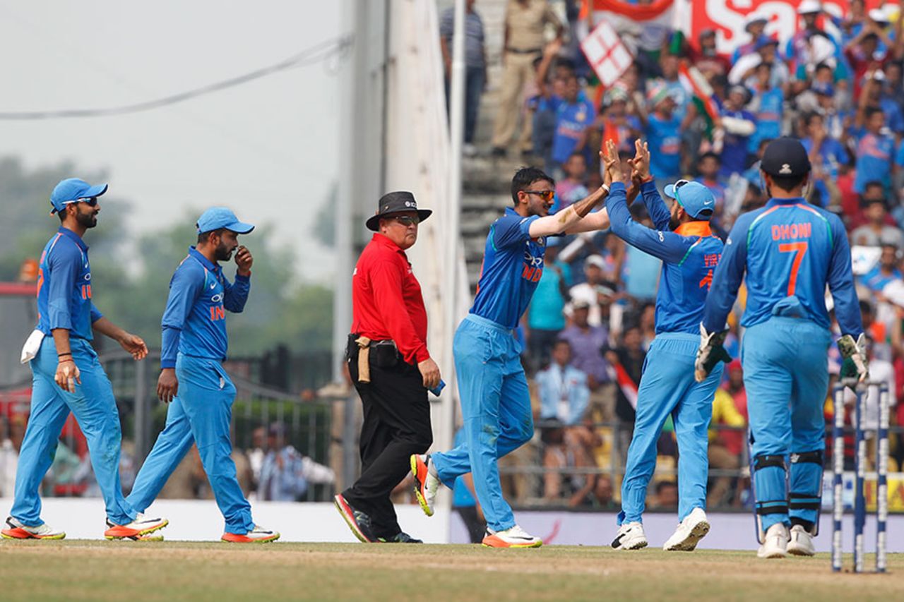 Axar Patel celebrates after dismissing David Warner for 53, India v Australia, 5th ODI, Nagpur, October 1, 2017