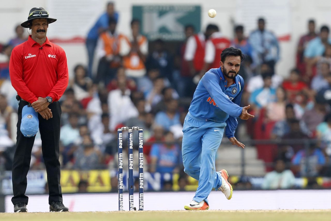 Kedar Jadhav lets one rip with his low-arm release, India v Australia, 5th ODI, Nagpur, October 1, 2017