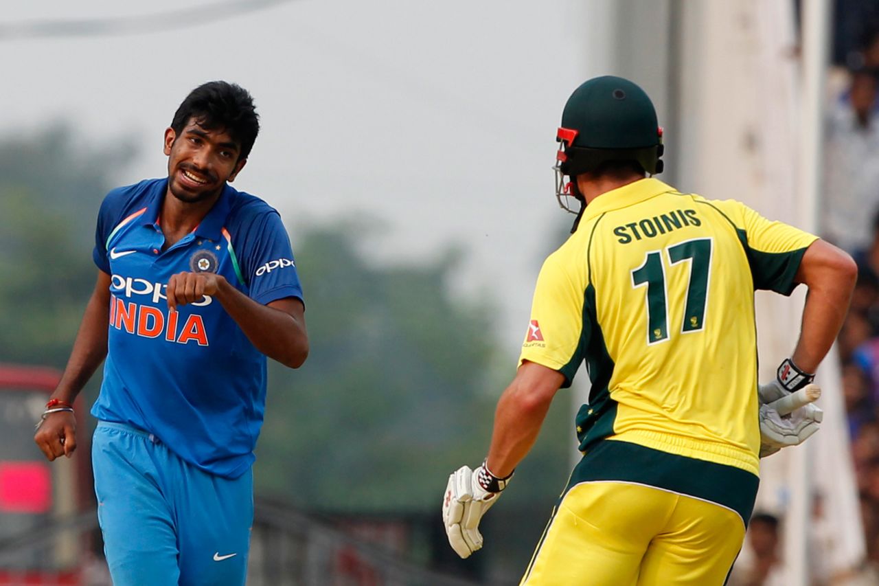 Jasprit Bumrah exults after dismissing Marcus Stoinis, India v Australia, 5th ODI, Nagpur, October 1, 2017