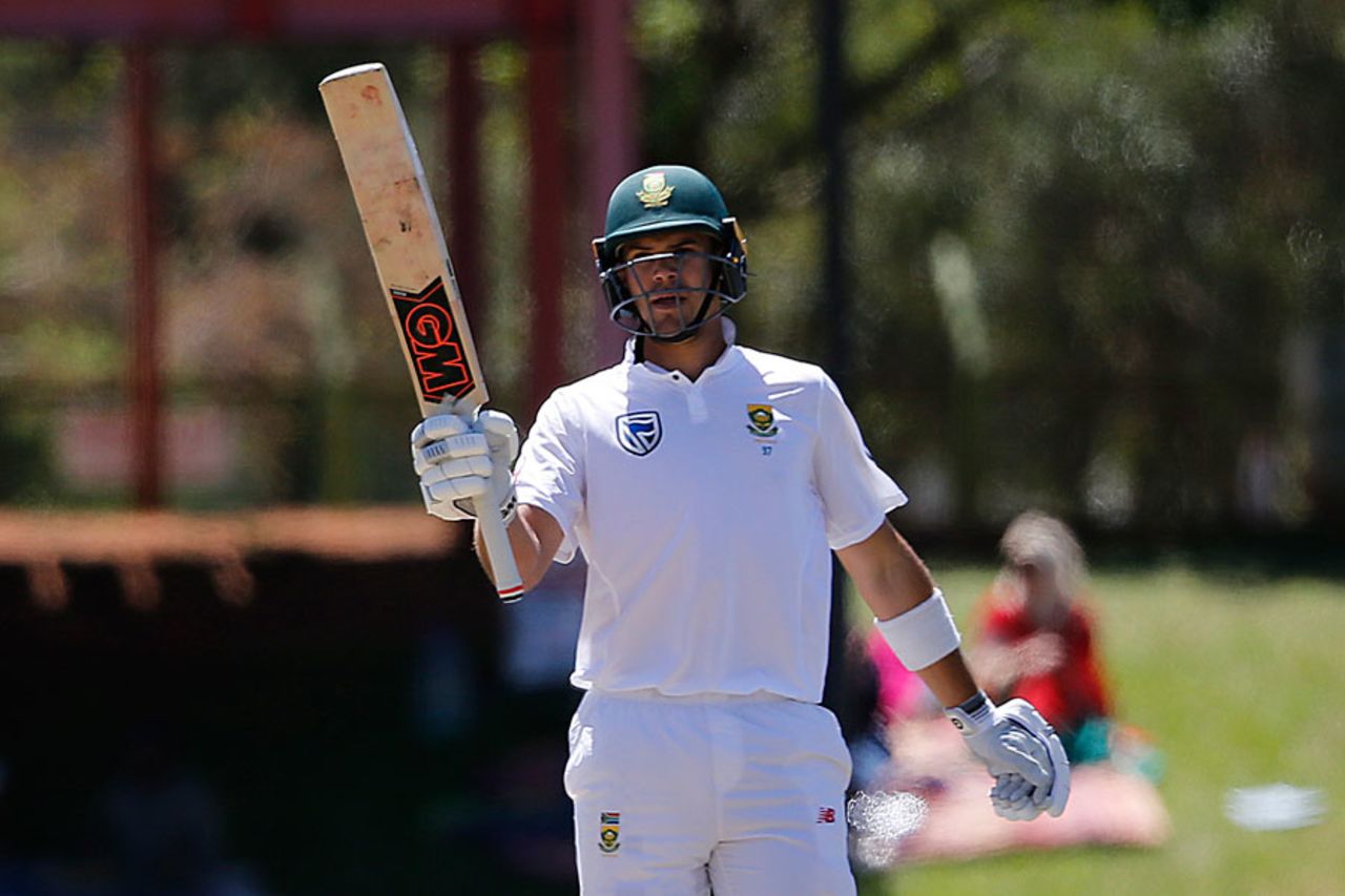 Aiden Markram raises his bat after reaching a fifty, South Africa v Bangladesh, 1st Test, Bloemfontein, 1st day, October 6, 2017