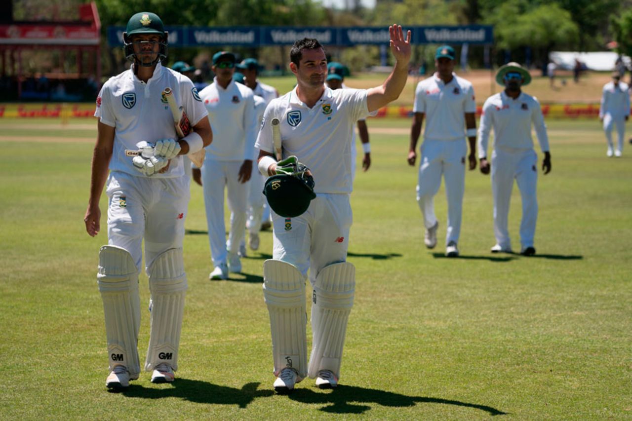 Aiden Markram and Dean Elgar walk off after a session, South Africa v Bangladesh, 1st Test, Bloemfontein, 1st day, October 6, 2017